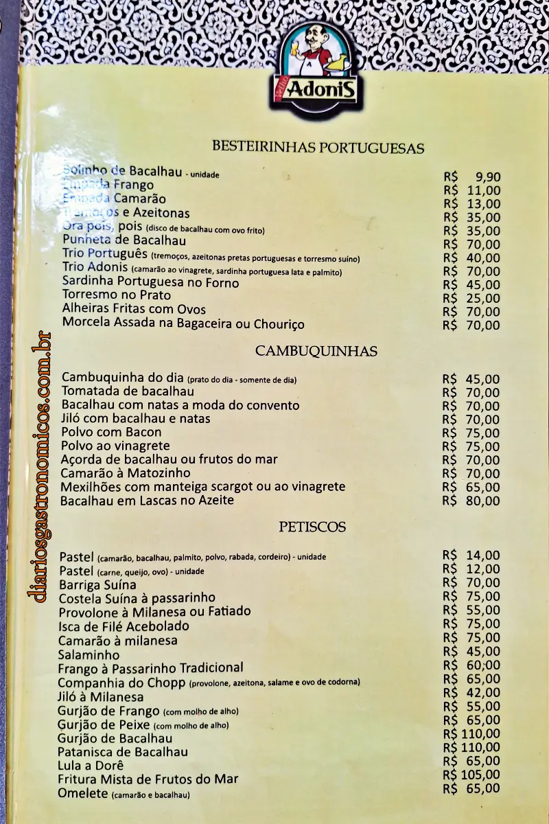 Chope Brahma, comida de boteco, Rio de Janeiro, comida portuguesa, comida carioca, botequim, cardápio