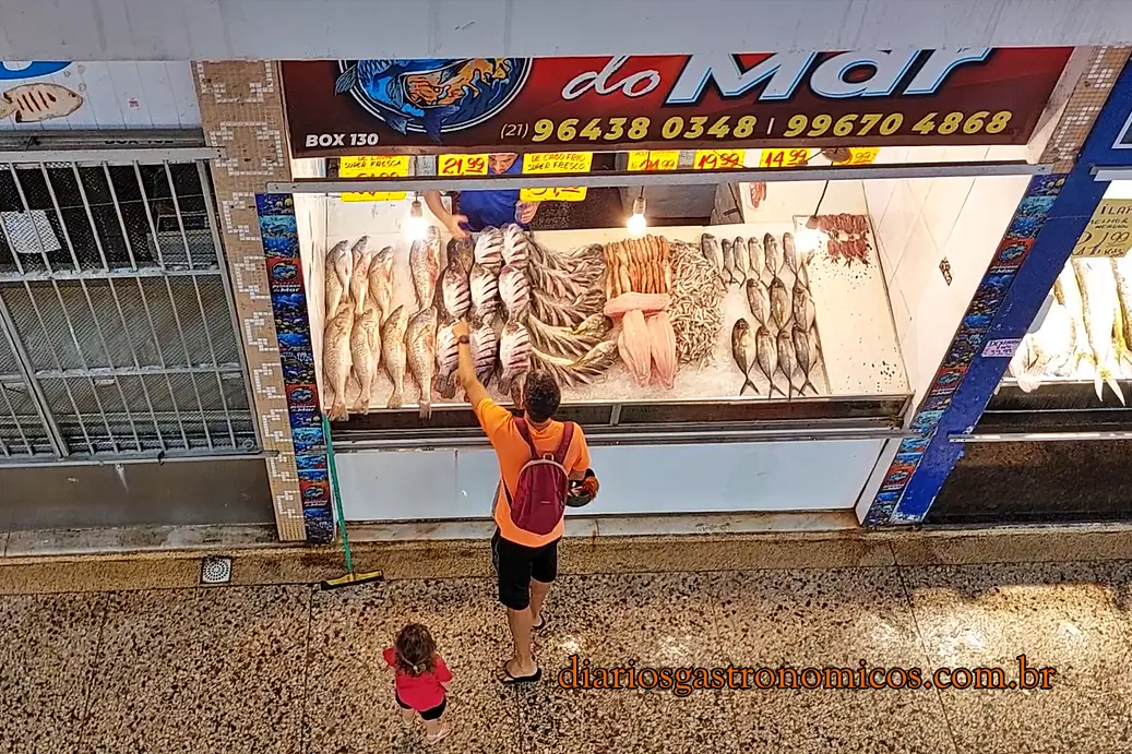 Peixarias no Mercado de Peixe de Niterói, Mercado de São Pedro, Top-down view of a man with an orange shirt and backpack choosing fish from a refrigerated display case at a market, with a small child nearby; the site name diariosgastronômicos.com.br appears on the floor.