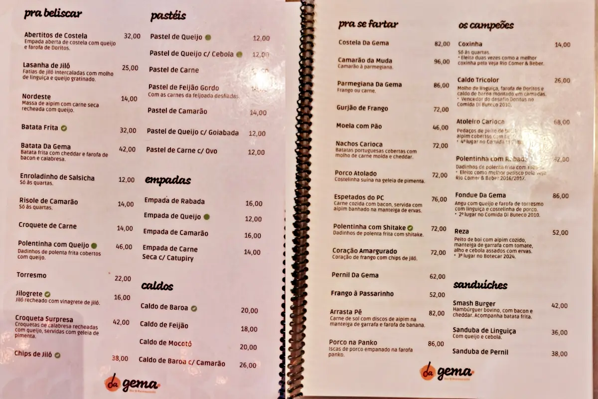 Cardápio do Bar da Gema, na Tijuca, no Rio de Janeiro