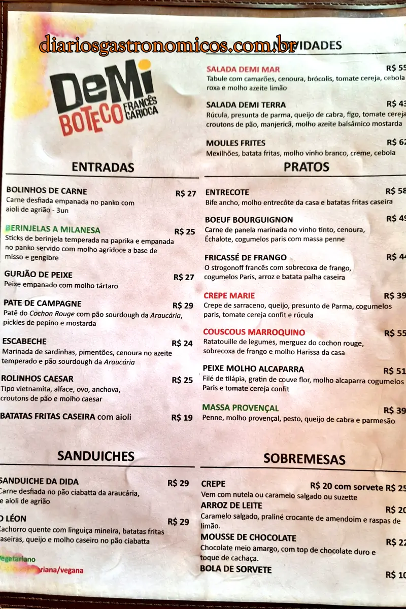 Cardápio do Demi Boteco, boteco de comida francesa no Largo do Machado, no Rio de Janeiro. Menu page from a Brazilian restaurant, with Demi Boteco Frances Carioca logo and sections Entradas, Pratos, Sanduiches, Sobremesas.
