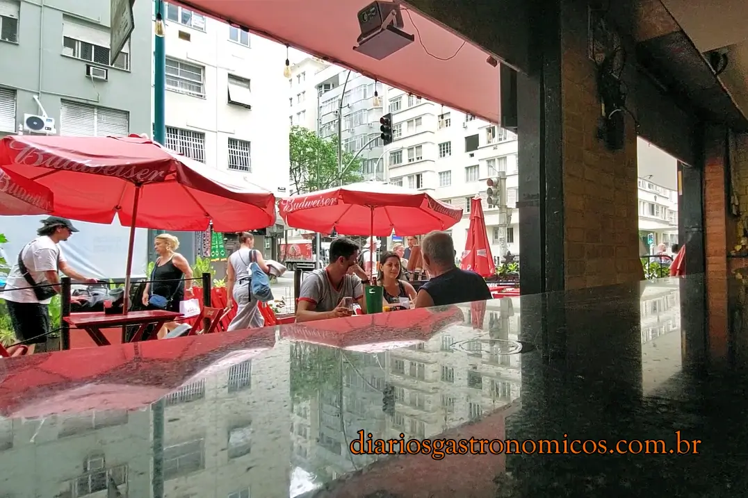 Vista da Rua Duvivier em Copacabana a partir do interior do Quick Galetos, restaurante tradicional da Zona Sul do Rio de Janeiro.