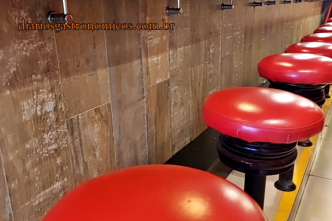 Bancos fixos do balcão do Quick Galetos em Copacabana, modelo tradicional conhecido como "bunda-de-fora", típico das galeterias clássicas do Rio de Janeiro.