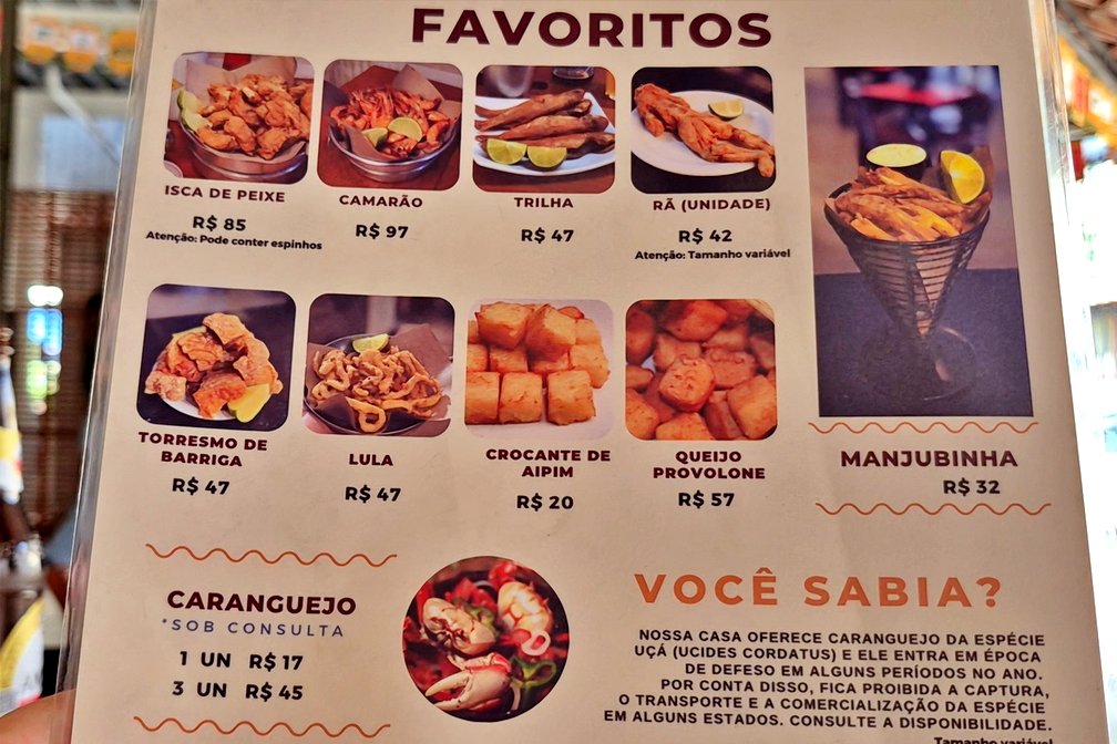 O cardápio do Edinho do Caranguejo, boteco tradicional em Duque de Caxias, Rio de Janeiro