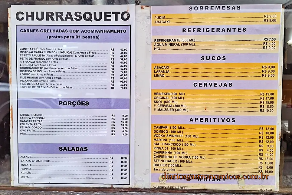 Cardápio do restaurante Churrasqueto com pratos de alcatra, espetos e acompanhamentos na República, centro de São Paulo.